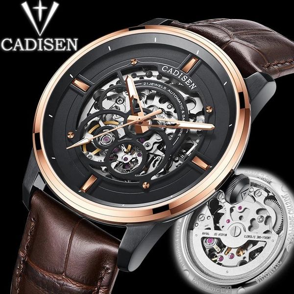 

wristwatches cadisen hollow out dial watch automatic mechanical men fashion luxury waterproof leather casual reloj hombre, Slivery;brown