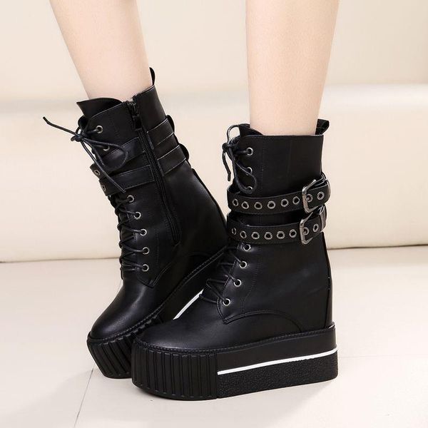 

boots round toe women ankle 2021 autumn platform lacing rivet short female soft leather wedges 12cm plus size, Black
