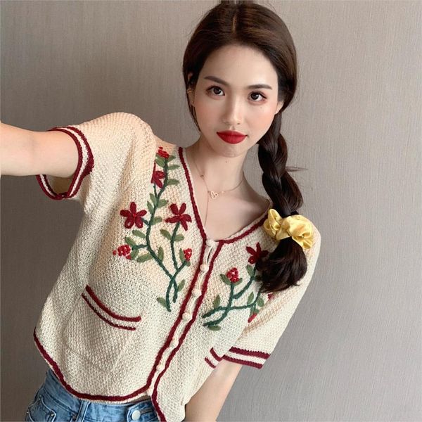 

slim crop summer embroidery floral v-neck knitted womens blouse short sleeve fashion shirts chic vintage 210510, White