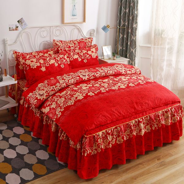

korean princs wind bed skirt four piece set double needle quilt cover gift