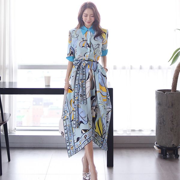 

dresses summer geometric print irregular women elegant contrast color turn down collar pocket long shirt with belt, Black;gray