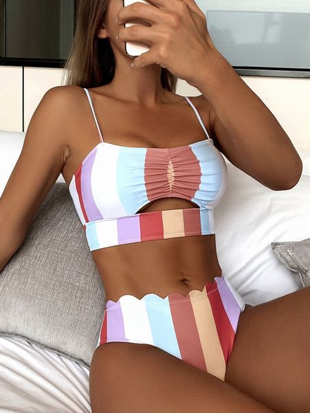 

color block scallop trim bikini swimsuit x6gz#, White;black