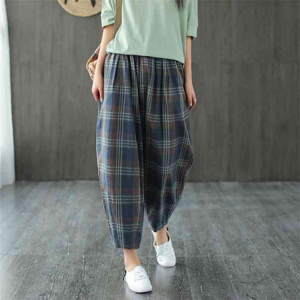 

summer arts style women elastic waist loose plaid pants all-matched casual cotton linen ankle-length harem m206 210512, Black;white