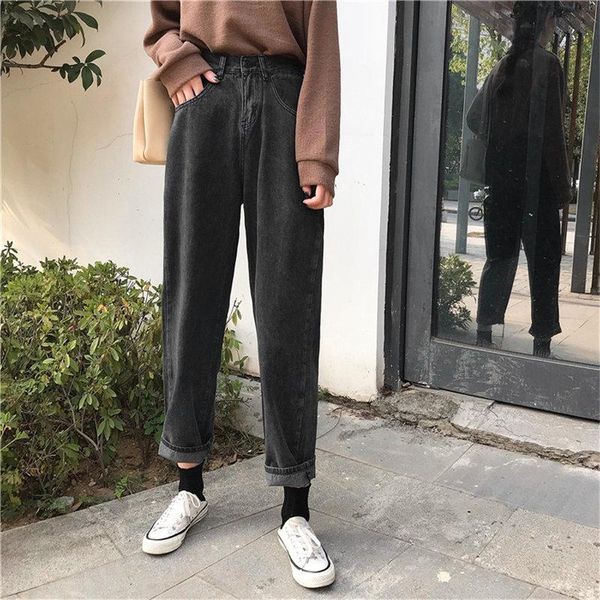 

women's jeans hzirip straight fresh loose semi-elastic autumn 2021 black all match women female plus fashion high waist denim trousers, Blue
