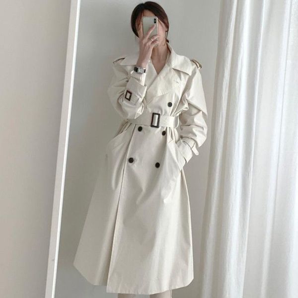 

women's trench coats yizzhoy autumn loose fit double breasted turn down collar windbreaker outwear women chic white long coat with bel, Tan;black
