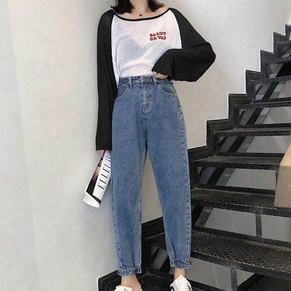 

women's jeans denim wide leg harem pants, autumn retro blue high waist pants 2021, winter fashion bodifrendas