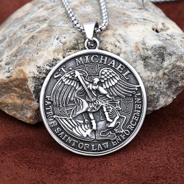 

chains religious charm amulet saint michael pendant necklace stainless steel statement choker for men women fashion jewelry, Silver