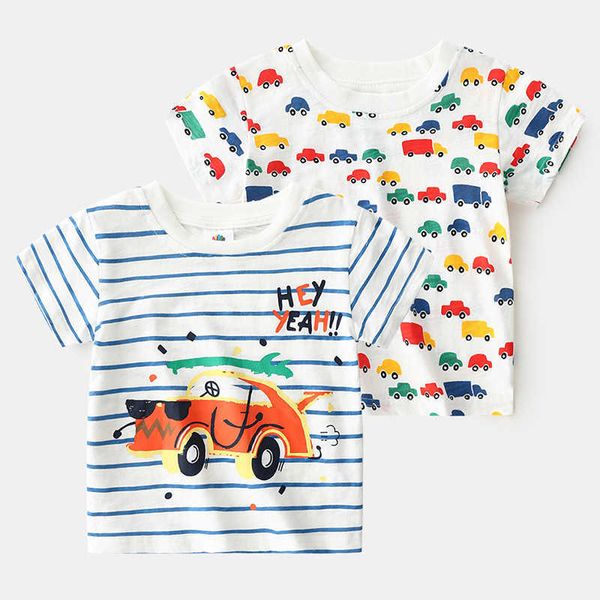 Летние повседневные 2 3-8 9 10 лет Детская детская одежда Хлопок Маленькие дети мальчики с коротким рукавом мультфильм автомобиль полосатая футболка 210529