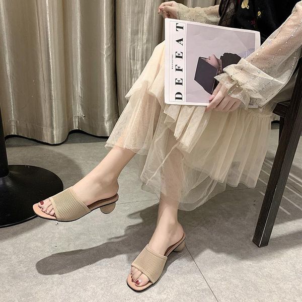 

slippers knit women summer shoes fashion round ball heel open toe designer sandals indoor outside slides, Black