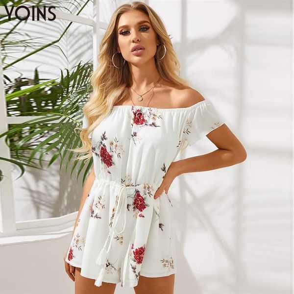 

women's jumpsuits & rompers yoins women white 2021 summer off shoulder short sleeve bohemian floral print drawstring waist work playsui, Black;white