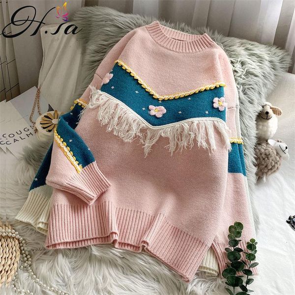 

h.sa women pullover and sweaters long sleeve tassel floral pink white casual spring sweater jumpers 210417, White;black