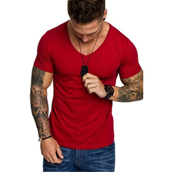 

men's t-shirts 2021 summer v-neck pullover t-shirt pure color brand sports fitness short sleeve fashion all-match slim base top, White;black
