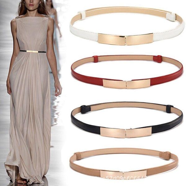 

belts belt dress simple versatile fashion women leather thin skinny metal gold elastic buckle waistband accessories, Black;brown
