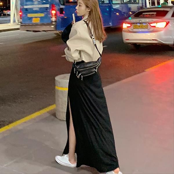 

cotton high waist split side women skirt black long solid summer girls straight