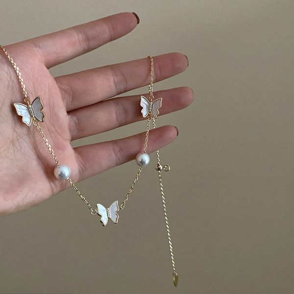 

chain women pendants real gold plated korean shell pearl adjustable butterfly necklace sweet short neck clavicle simple, Silver