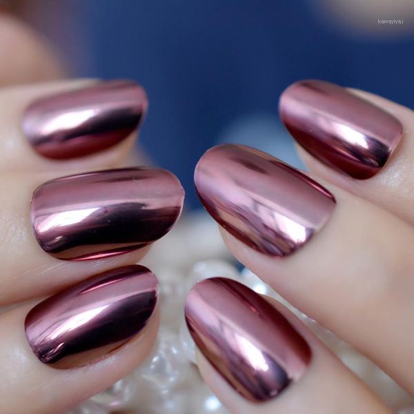 

coffee brown punk style metallic false metal plating oval round fake nails acrylic reflective mirror press on wear nail art tips1, Red;gold