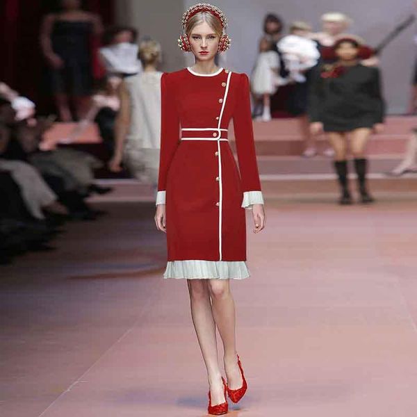 

casual dresses autumn red dress women's round neck long sleeve button ruffle slim knee-length 210924ch05, Black;gray