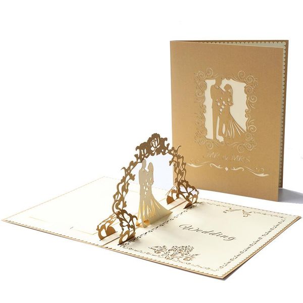 

greeting cards (10 pieces/lot) 3d -up wedding invitation card laser cut bride & groom invite party supplies