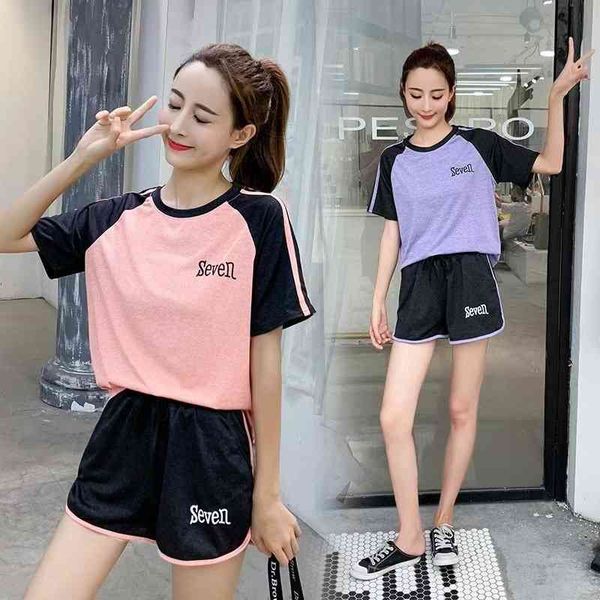 

2021 summer new color contrast sports quick drying suit trend letter print running casual short sleeve t-shirt women's wear, Gray