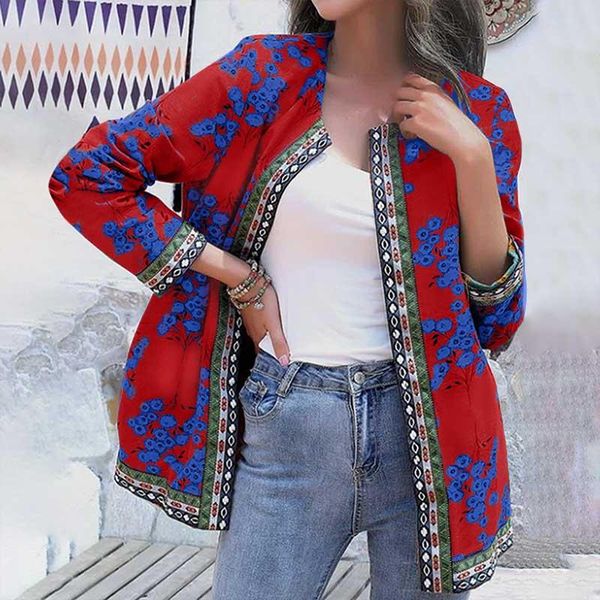 

women's jackets stylish bohemian casual holiday work jacket 2022 autumn woman long sleeve loose suit o-neck floral printed pockets co, Black;brown