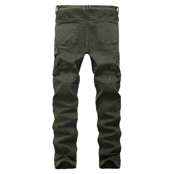 

new men biker jeans denim army military uniform fashional draped panelled many pockets pants washed zipper high quality, Blue