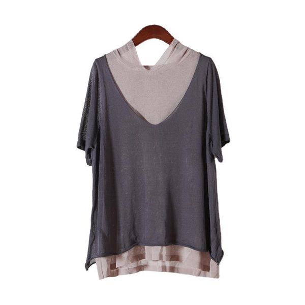 

women's t-shirt mock two-piece t-shirts women hooded patchwork loose thin 70-80% linen knitted tees female, White