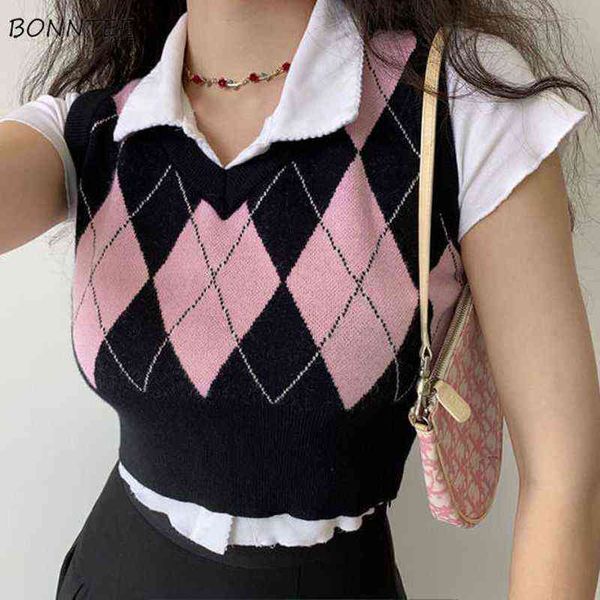 

sweater vest women preppy style vintage slim knitted argyle cropped students sweet american-retro spring school classic mujer, Black