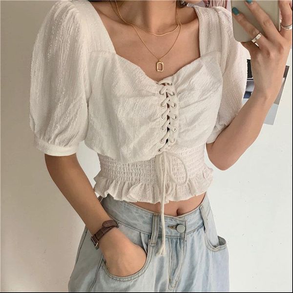 

puff sleeves high waist women blouses square collar summer gentle all match plus size lace up sexy, White