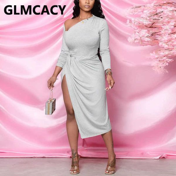 

women long sleeve casual solid midi dress elegant high slit evening party dresses vestidos 210702, Black;gray