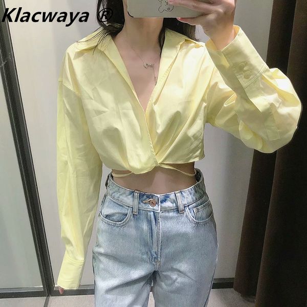 Mulheres Fashion Sexy V Neck Cruz Hem Bow amarrado Curto Smock Blusa Feminino Manga Longa Kimono Camisas Chic Blusas Tops 210521