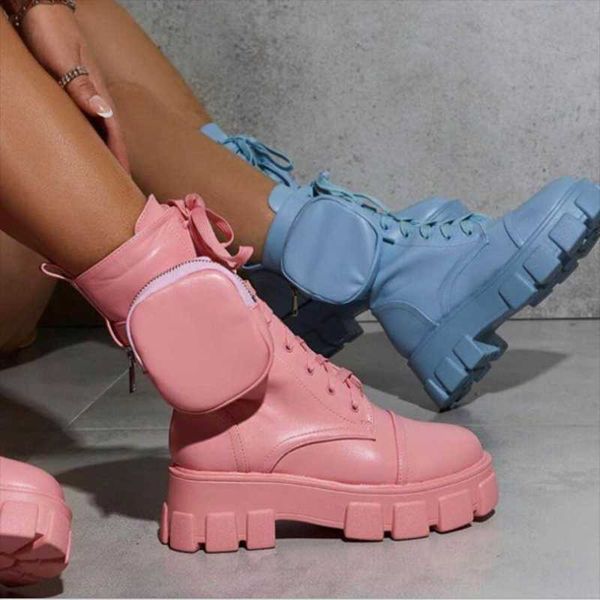 

boots style female 2021 trendy genuine leather pocket motorcycle knight women chunky sole platform military footwear, Black