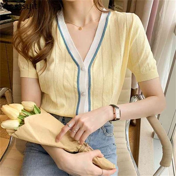 

summer thin knitted cardigan sweater women color-blocked short sleeve v-neck korean elegant fashion jumpers femme 210513, White;black