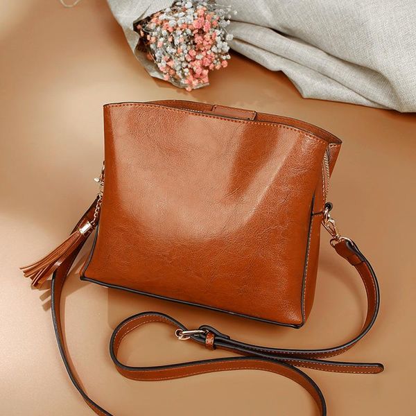 

evening bags vintage tassel bucket bag oily leather luxury handbag women messenger retro totes shoulder crossbody