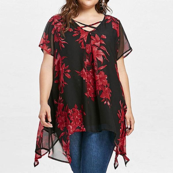 

women's t-shirt vogue women plus size t-shirts v-neck cross irregular bem floral print short sleeve shirt elegant female double chiffon, White