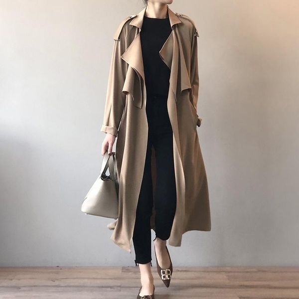 

women's trench coats retro british style loose solid color jacket 2021 autumn fashion temperament lace up thin long windbreaker, Tan;black