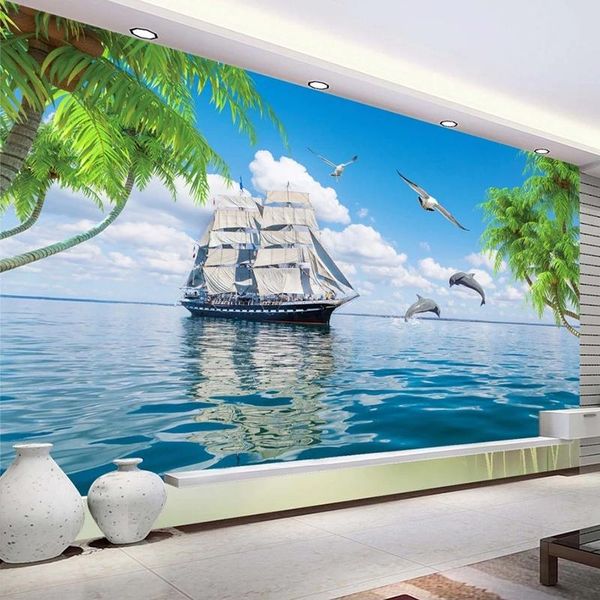 

wallpapers custom mural wallpaper wall waterproof canvas painting seagull coconut tree sailboat seascape living room poster decoration