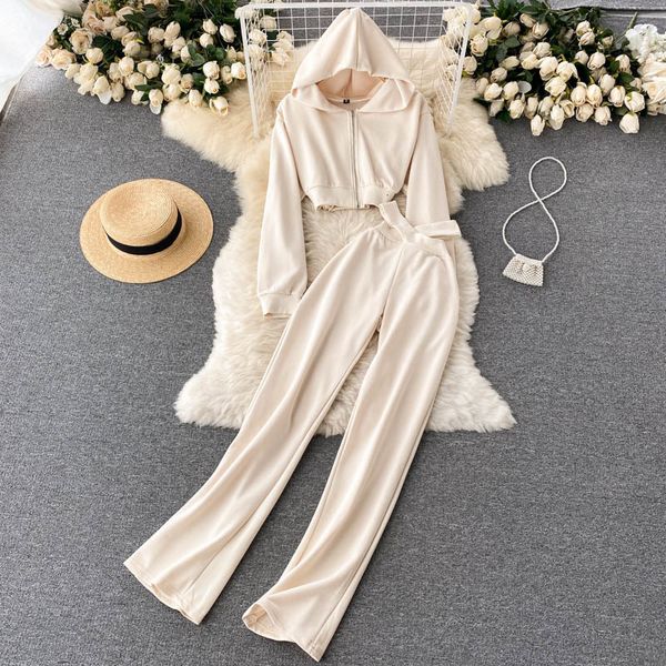 

women's two piece pants hooded swetshirt set of two pieces utumn with crdign zipper solid hoodie high-wisted stright wistbnds combined, White