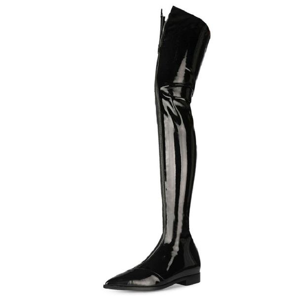 

boots thigh high women flats fashion zipper over-the-knee female black patent leather elastic long party shoes lady