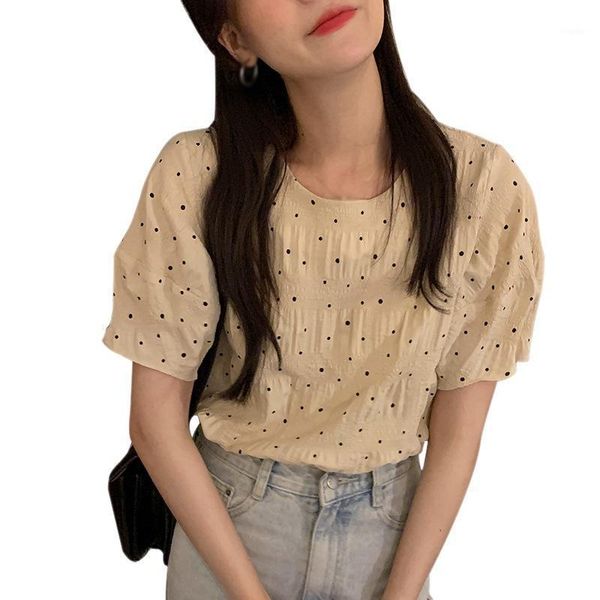 

women's blouses & shirts summer retro minimalist agende spot round neck pleated loose short-sleeved female korean sweety blouse, White