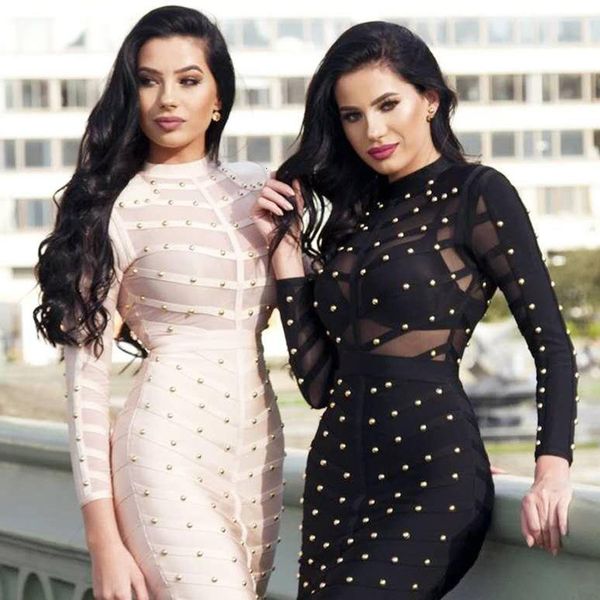 

dress 2021 black women bandage autumn midi long sleeve mesh bodycon celebrity party club, Black;gray