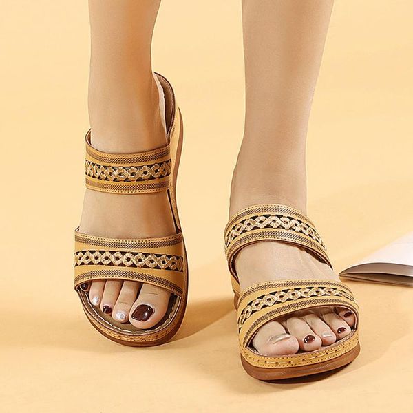 

women's sandals summer slip-on wedges beach open toe ladies breathable soft all-match embroidery shoes #4, Black