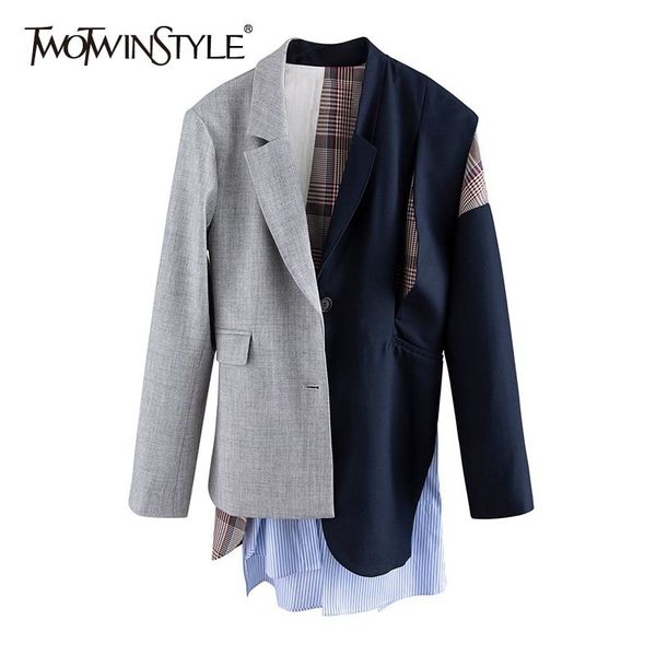 

twotwinstyle irregular striped blazers for women notched long sleeve patchwork plaid hit color coats female autumn clothing 210428, White;black