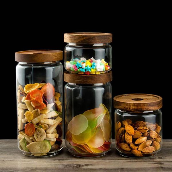

storage bottles & jars wood lid glass airtight canister kitchen jar sealed container tea coffee beans grains candy containers
