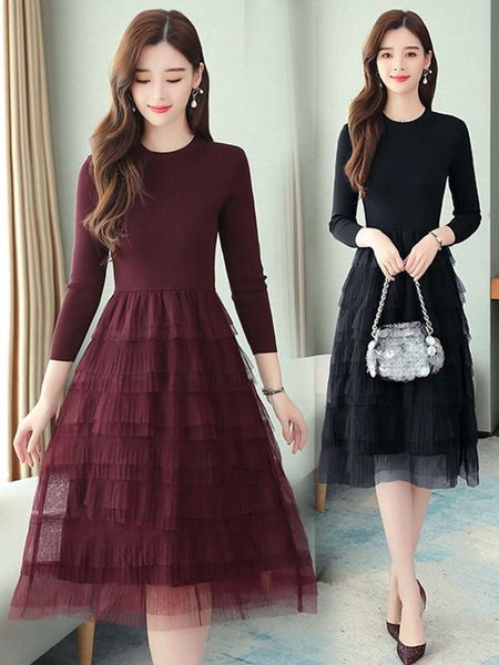 

casual dresses dress knitting mesh stitching women's spring autumn style waist down and thin temperament bottom cake a-line long skirt, Black;gray