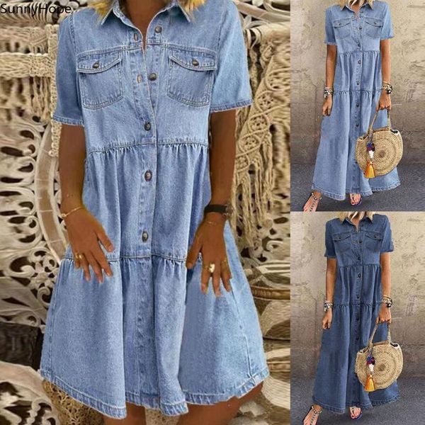 

casual dresses denim dress retro women short sleeve turn down collar pockets button long loose plus size, Black;gray
