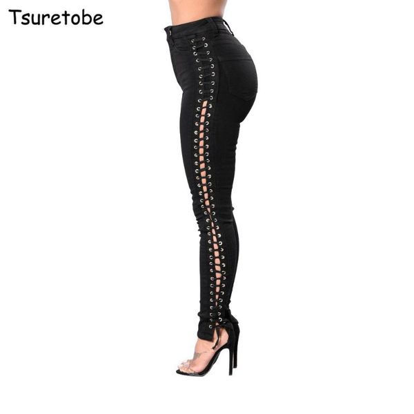 

tsuretobe plus size cross lace up jeans hollow out women high waist bandage denim pencil pants skinny black stretch mujer women's, Blue