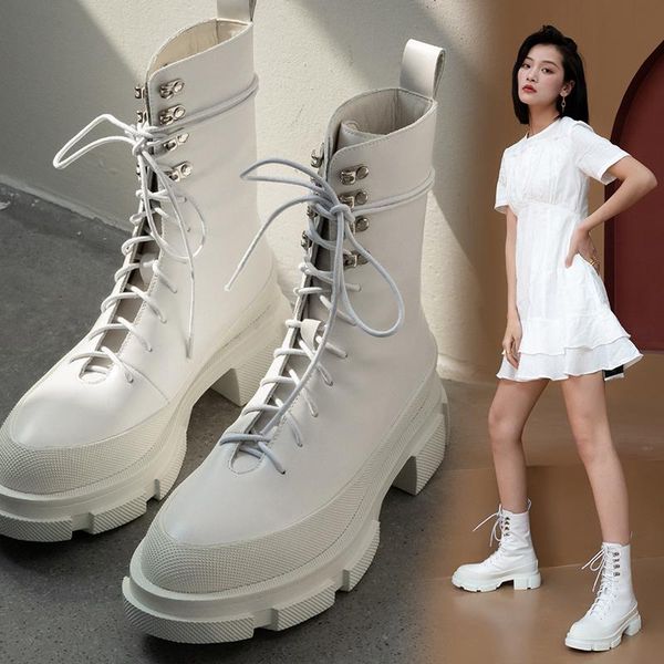 

boots genuine leather women fashion lace-up office lady round toe flat with ankle platform shoes, Black
