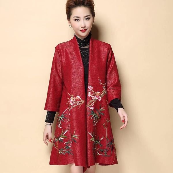 

women's trench coats chinese spring fall vintage women embroidery flower purple red black long coat , womens green glitters 5xl elegant, Tan;black