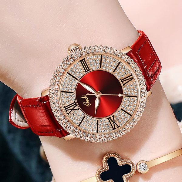 

wristwatches luxury women dress watches unqiue rhinestone red genuine leather fashion casual lady watch party business wristwatch for female, Slivery;brown