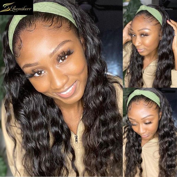 

brazilian water wave lace front headband wigs human hair 150% density glueless full machine made curly for black women remy1, Black;brown